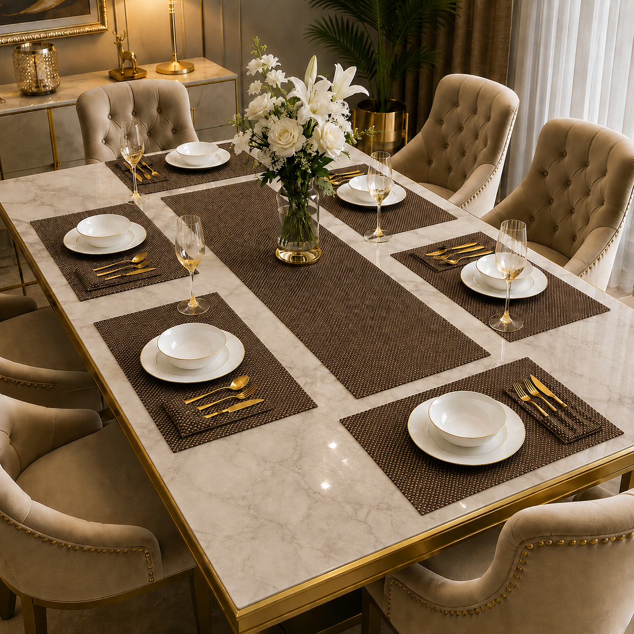Tuscan Brown Jute Dining Table Set