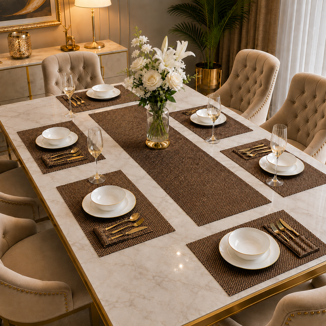 Tuscan Brown Jute Dining Table Set
