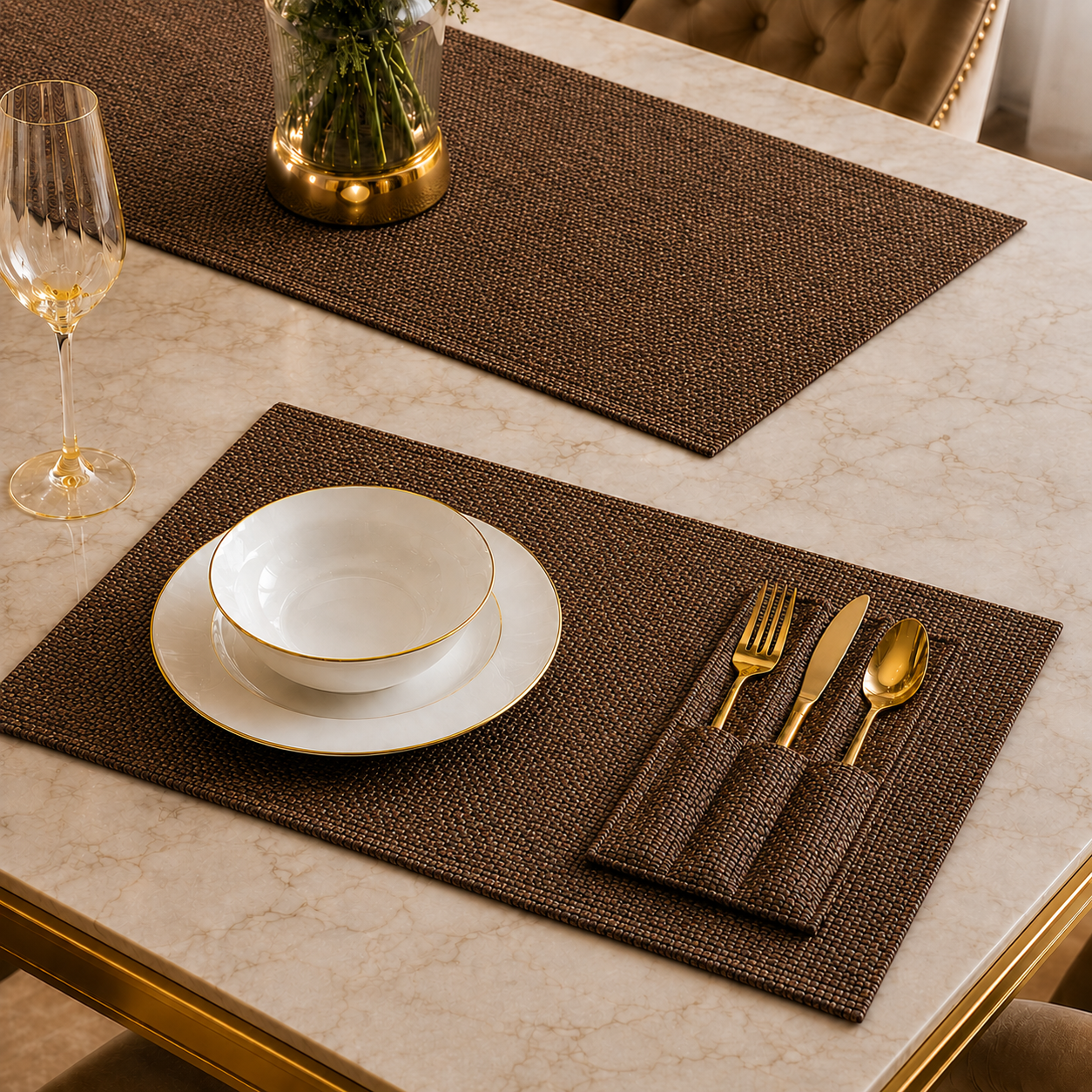 Tuscan Brown Jute Dining Table Set