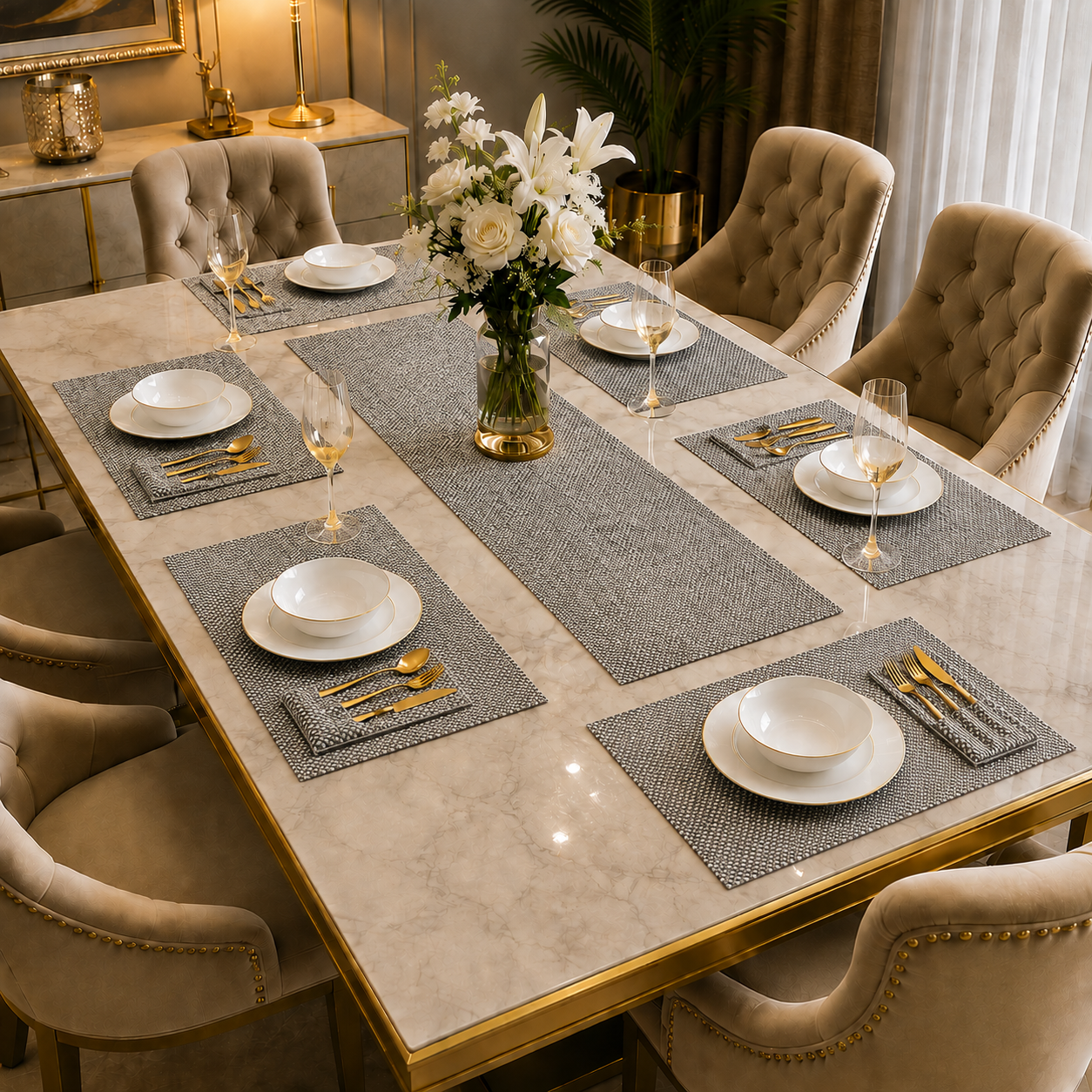 Pearl Grey Jute Dining Table Set