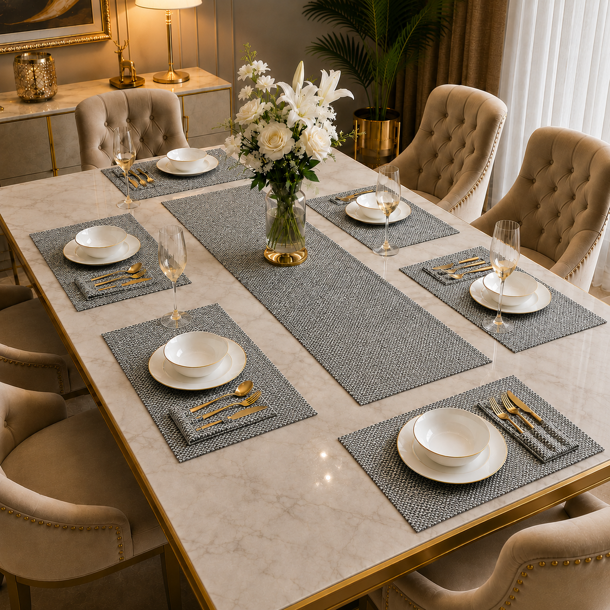 Pearl Grey Jute Dining Table Set