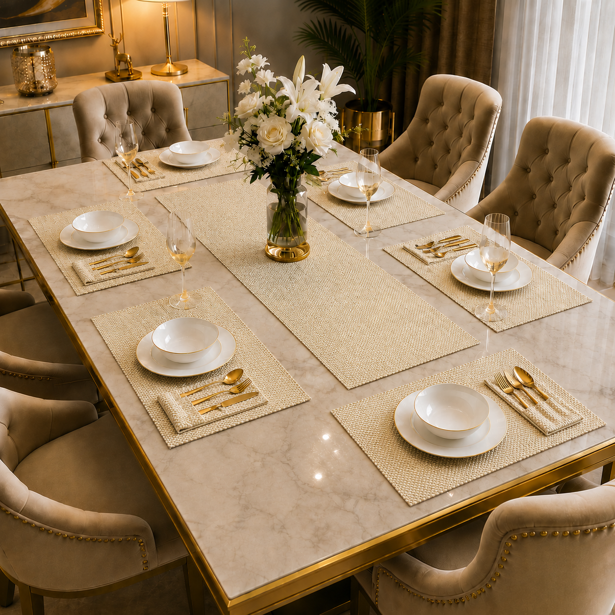 Ivory Cream Jute Dining Table Set