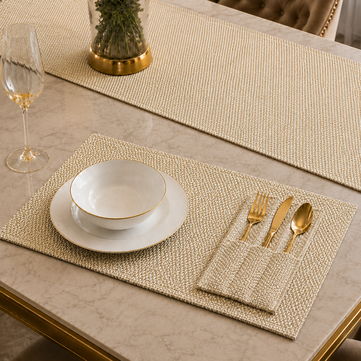 Ivory Cream Jute Dining Table Set