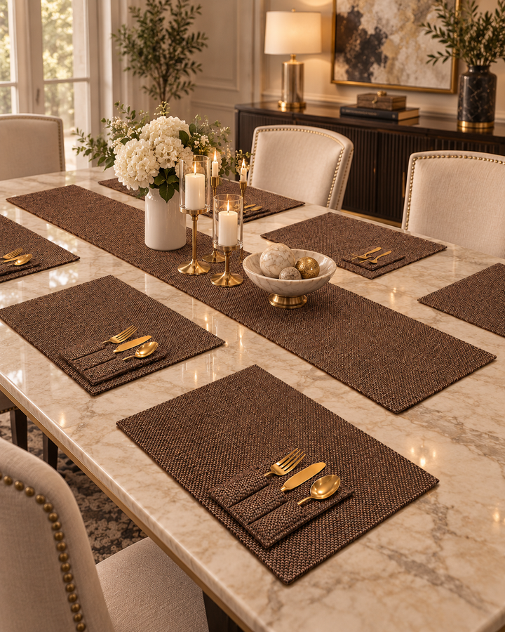 Tuscan Brown Jute Dining Table Set