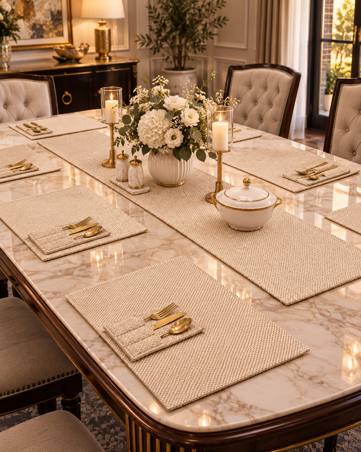 Ivory Cream Jute Dining Table Set