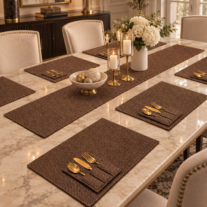 Tuscan Brown Jute Dining Table Set