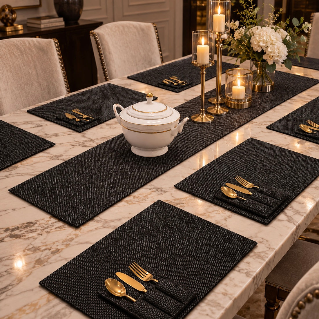 Noir Black Jute Dining Table Set